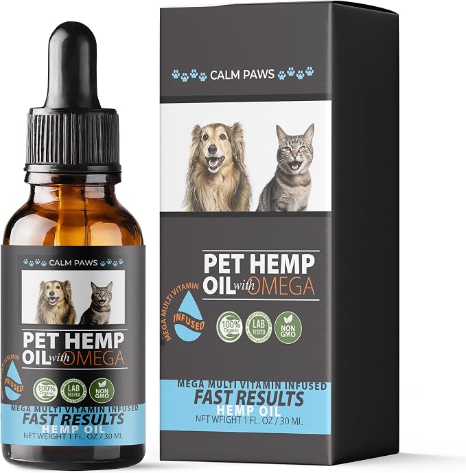 Calm Paws Hemp Oil for Dogs & Cats - Dog Calming Oil, Cat Muscle & Immune Support Oil - Anxiety & Pain Relief Pet Hemp Oil for Stress, Joint & Pain Support - 1 oz Amber Bottle with Silicone Dropper