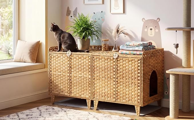 Garvee Handwoven Rattan Cat Litter Box Enclosure Furniture, Hidden Cat Washroom Cabinet with Door and Mat, Spacious Pet House with s-Hooks, for Living Room and Bedroom