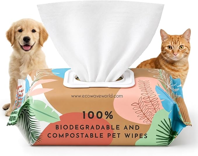 Eco Wave Hypoallergenic Plant-Based Pet Wipes, Dog and Cat Grooming Wipes for Face, Ears, Body, Butt, and Paws, Fragrance Free, Compostable, 100 Count