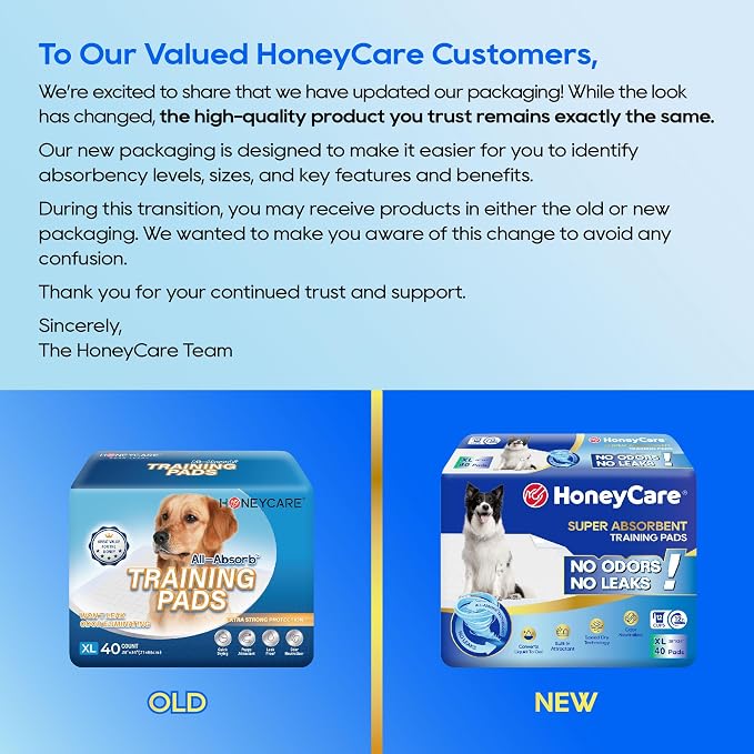 HONEY CARE All-Absorb, X-Large 28" x 34", 40 Count, Dog and Puppy Training Pads, Ultra Absorbent and Odor Eliminating, Leak-Proof 5-Layer Potty Training Pads with Quick-Dry Surface, Blue