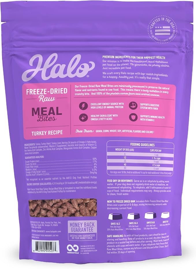 Halo Freeze-Dried Raw Dog Food, Turkey Recipe Meal Bites, Grain Free Real Meat Nutrition & Natural Energy, 100% Animal Protein Source for Adult Dogs, 14 oz Bag