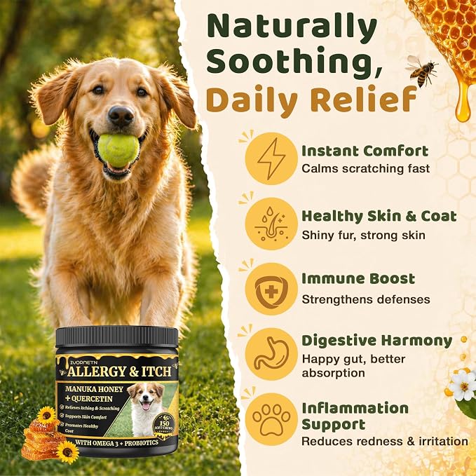 Manuka Honey for Dogs - Allergy & Itch Relief Chews - Skin Comfort & Coat Health - with Quercetin,Krill Oil,Colostrum &Probiotics - Stop Paw Licking, Soothe Itchy Ears & Yeast Balance - 150 Soft Chews