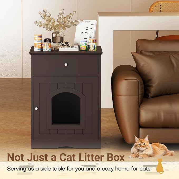 Litter Box Enclosure, Hidden Cat Litter Box Cabinet with Drawer, Wooden Pet Crate, Litter Box Furniture as Cat House, End Table, Fit Most of Litter Box (Brown)