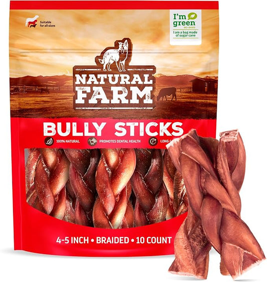 Natural Farm Odor-Free Braided Bully Sticks (4-5 Inch, 10 Pack) - 100% Grass-Fed Beef, Grain-Free, Low Fat & Fully Digestible Best Dental Treats, Safest Long Lasting Pizzle Chews to Keep Your Dog Busy