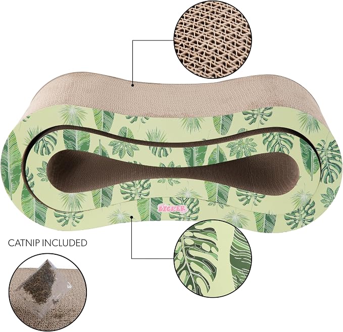Suvi 26" Modern Cardboard Infinity 2-in-1 Lounge Bed Cat Scratcher with Catnip, Green Leaf, Corrugated Scratching Surface and Tunnel for Indoor Cats CSR1014I