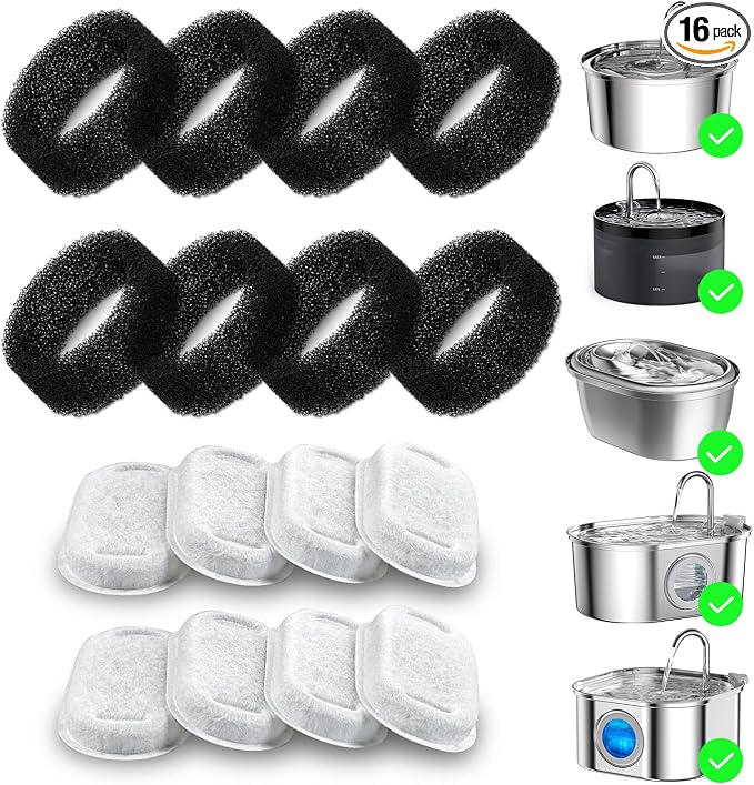 Wonder Creature 16 Pack Cat Water Fountain Filter Replacement, 4+4/8+8/12+12/16+16 Pack for Stainless Steel Cat Fountain 2L/67oz and 3.2L/108oz, 8 Carbon Filters & 8 Pre-Filter Sponges
