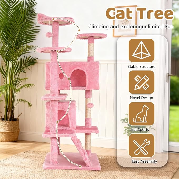 BestOffice 54 Inch Cat Tree, Multi-Level Cat Tower with Condo, Perches, Sisal Scratching Posts, Climbing Ladder,Indoor Activity Center Play House for Kittens & Adult Cats, Pink