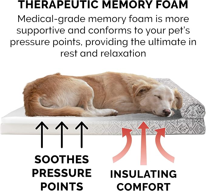 Furhaven Memory Foam Dog Bed for Large Dogs w/ Removable Bolsters & Washable Cover, For Dogs Up to 125 lbs - Plush & Southwest Kilim Woven Decor Sofa - Boulder Gray, Jumbo Plus/XXL