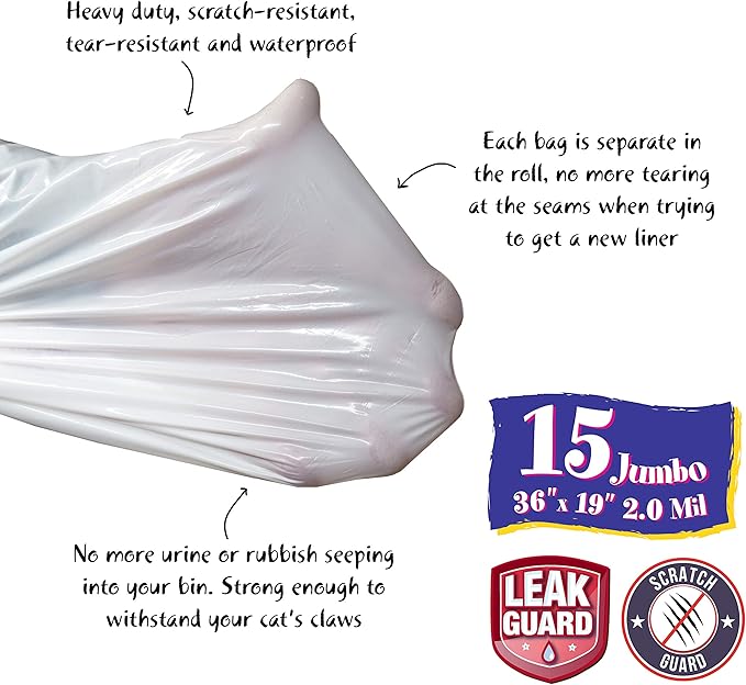 15 Count Fresh Kitty Litter Box Liners Super Thick, Durable, Easy Clean Up Jumbo Drawstring Scented Litter Pan Box Liners, Bags for Pet Cats (Pack of 3)