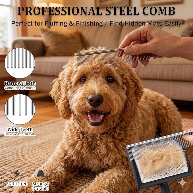 Large Slicker Brush for Dogs - Long Pin Deshedding Brush for Mats & Shedding on Long Haired Dogs, Doodles, Poodles, Goldendoodle, Labradoodle, 3pc Grooming Kits with Wooden Handle, Black