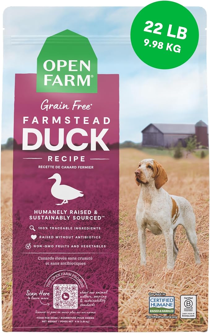 Open Farm, Grain-Free Dry Dog Food, Complete & Balanced Kibble, Sustainably & Ethically Sourced Ingredients, Non-GMO Veggies & Superfoods to Support Overall Health, Farmstead Duck Recipe, 22lb Bag