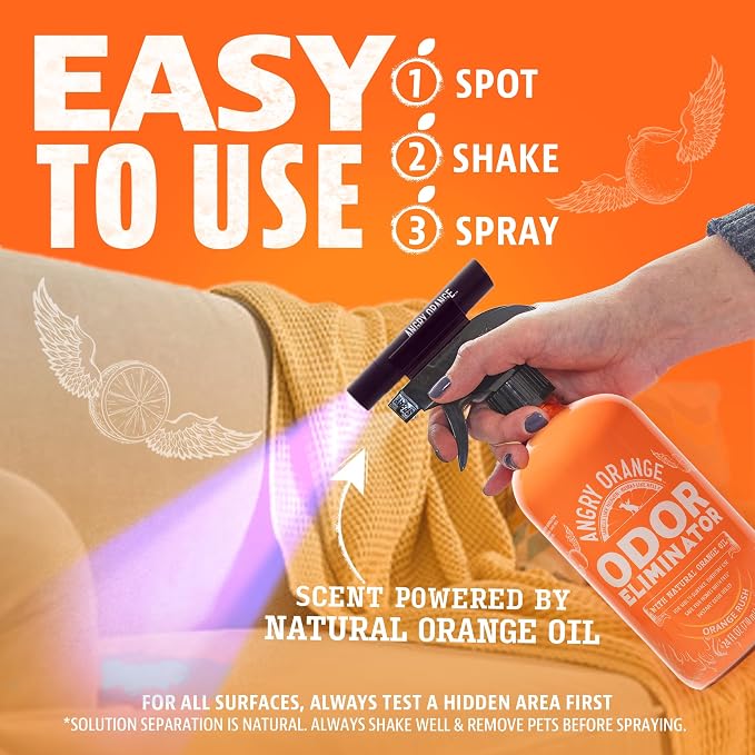 ANGRY ORANGE Pet Odor Eliminator Kit for Dog/Cat Urine, 24oz Citrus Odor Eliminator Spray and Stain Sniper Flashlight - NEW Orange Rush Scent