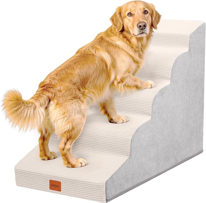 Dog Stairs for Large Dog, 22.6" H, 5-Step Pet Steps for High Bed Couch Sofa and Chair, Non-Slip Pet Ramp for Injured & Senior Pets with Washable Cover and Durable High Density Foam,Beige