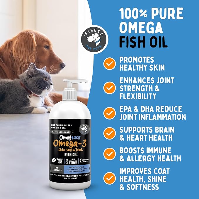 100% Pure Fish Oil for Dogs & Cats (1,545mg Omega 3 per Teaspoon) 8oz. Loaded with EPA & DHA for Joints, Skin & Coat, Itching, Heart & Immune Health. Stronger Than Salmon Oil. Unflavored Omegease.
