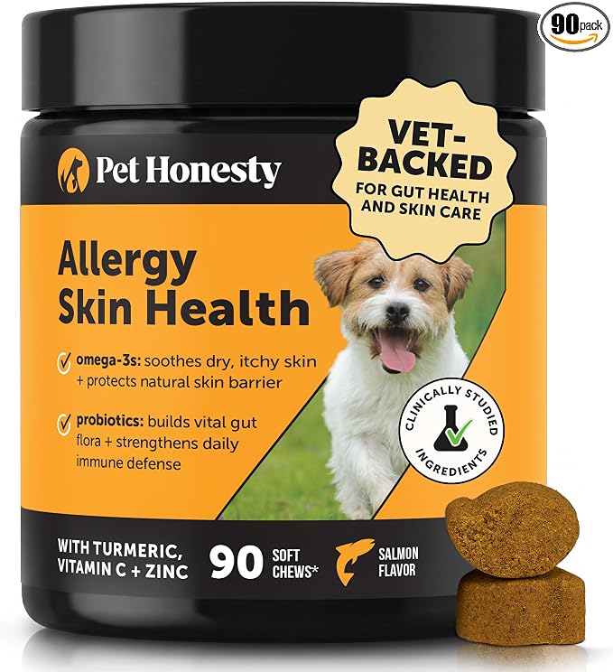 Dog Allergy Relief Chews for Itchy Skin + Immune Support - Omega 3 Fish Oil, Probiotics, Turmeric + Zinc - Anti Itch Supplement for Paw Licking, Seasonal Allergies + Dry Skin (Salmon, 90 Ct)