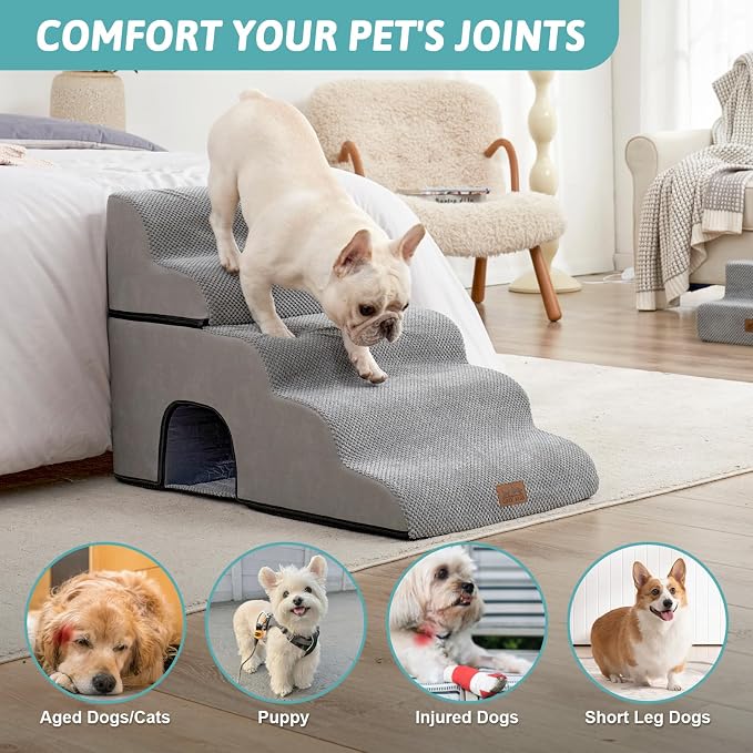 COZY KISS Extra Wide Dog Stairs with Tunnel, Detachable Large Pet Step for Small Medium Dog, Puppy or Cat, Ramp for High Bed, Couch, Sofa or Car, Stable, 19.7x33x22.4 inch, 5 Step, Grey