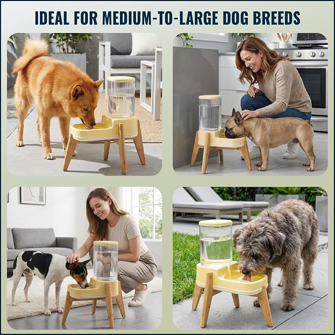 Elevated Dog Water Dispenser with Bamboo Stand for Medium Large Dogs, 4L 1 Gallon Gravity Dog Water Bowl Dispenser, Raised Automatic Dog Water Station, Custom Fit Non Slip Anti Tip Stand