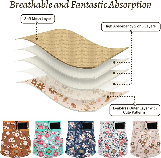 Female Dog Diapers 5Pcs - Premium Reusable Diapers for Doggie in Heat - Highly Absorbent Dog Diapers Female for Pet Incontinence with Adjustable Snaps, Breenish Lily Flower, XL