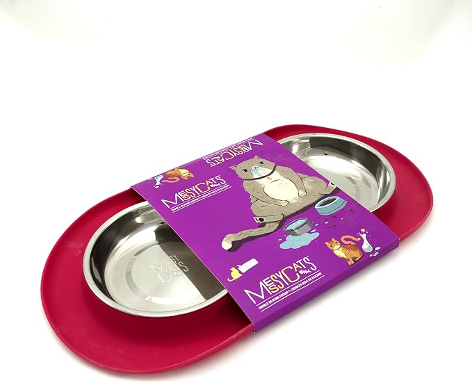 Messy Cats Double Silicone Feeder with Stainless Saucer Shaped Bowl | Anti-Slip Non-Skid Cat Food Bowls | Two Cat Bowls in Feeding/Water Station | 1.75 Cups per Bowl (Watermelon)