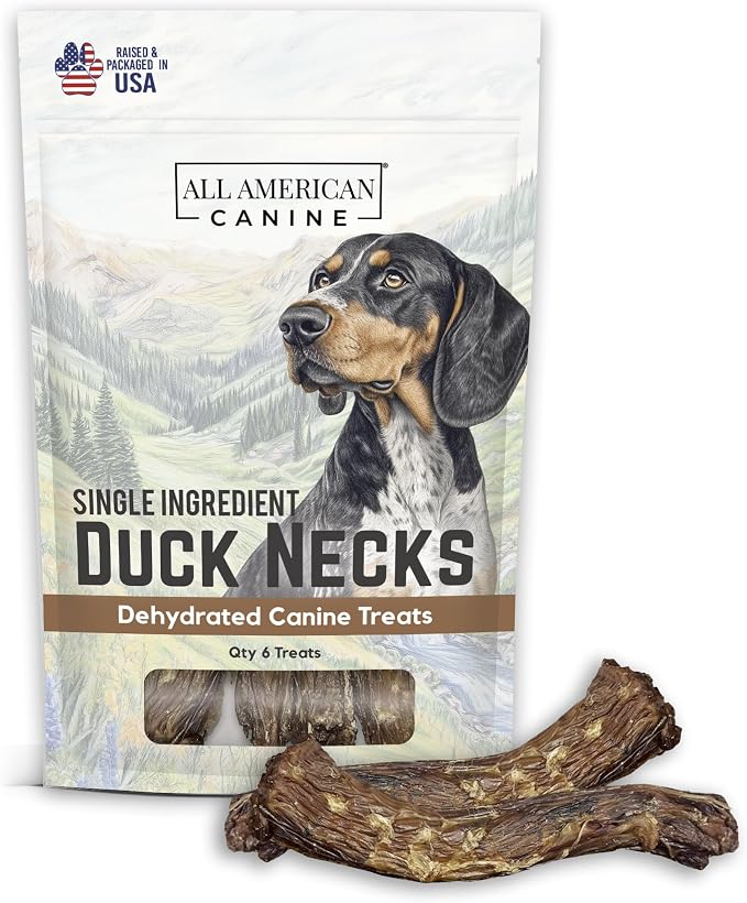All American Canine 6 Natural Duck Neck Dog Treats – Single Ingredient, Dehydrated & Chewy – Low-Fat, High-Protein Training Reward – Made in USA