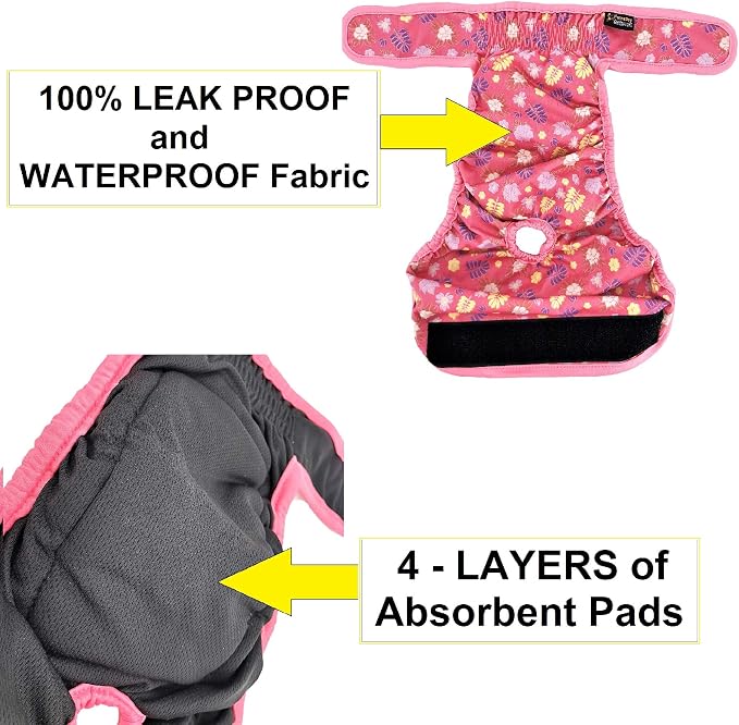 Pack of 3 Female Dog Diapers with 4 - Layers of Absorbent Pads Cat Panties Waterproof Leak Proof Washable (L: Waist 20" - 26", Neon Pattern)
