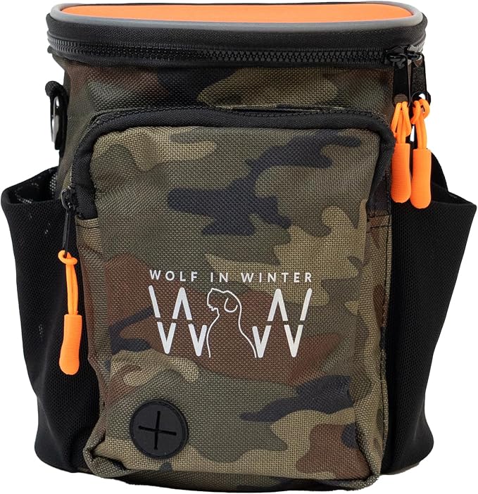 Quickdraw XL Dog Treat Pouch – Multipurpose Training Bag with Waste Bag Dispenser, Phone Pocket, Water Bottle Holders and 3-Way Strap – Durable and Reflective (Orange/Camo)