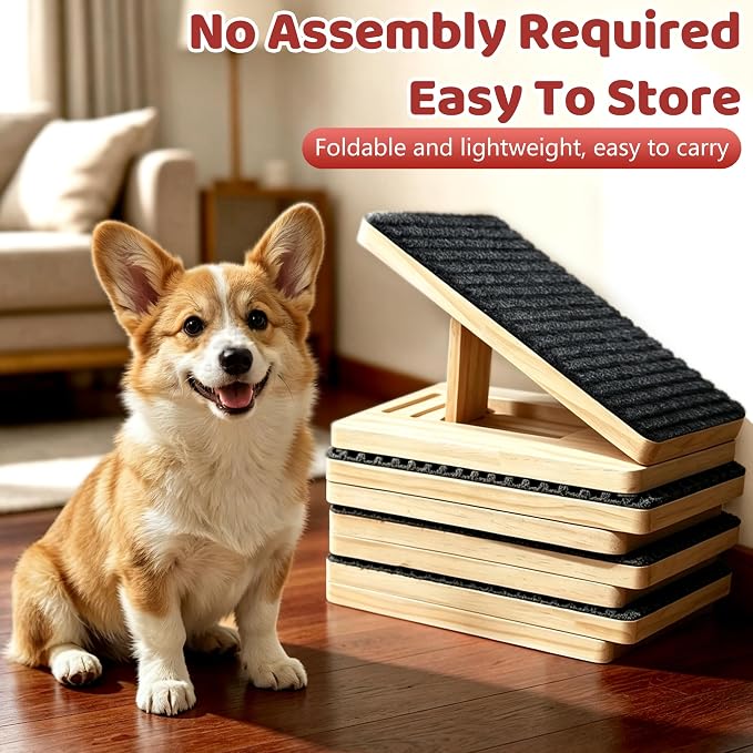 Dog Ramp for Stairs 4 Pack,Adjustable Height Wooden Pet Stair Wedges for Dogs & Cats,Foldable Indoor Step Ramp with High-Traction Carpet Surface for Large Senior Short-Legged Pets,Couch Bed