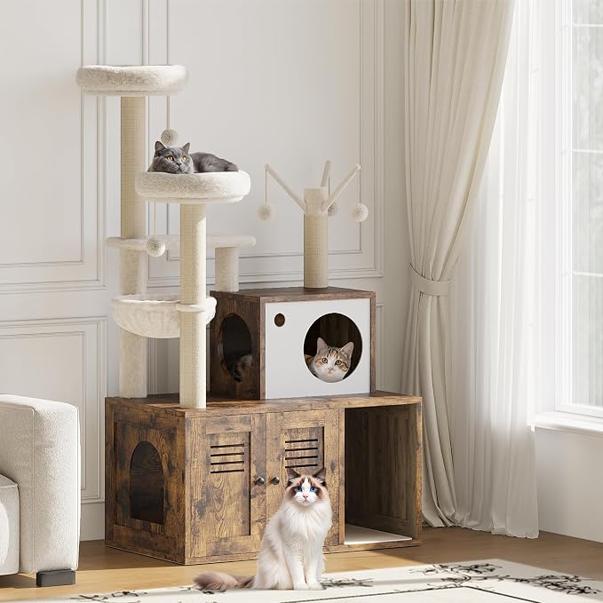 Cat Litter Box Enclosure with Tree Tower and Condo, Hidden Pet Washroom Furniture with Sisal Scratching Post,Hammocks and Soft Plush Perch, Wooden Cat Furniture with Multiple Platforms,Rustic Brown