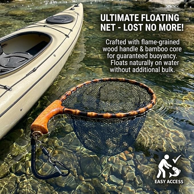 Floating Handcrafted Bamboo Fly Fishing Landing Net, Solid Wood Handle, Soft Rubber Coated Mesh for Trout, Kayak & Stream Fishing, Includes Magnetic Release & Safety Lanyard
