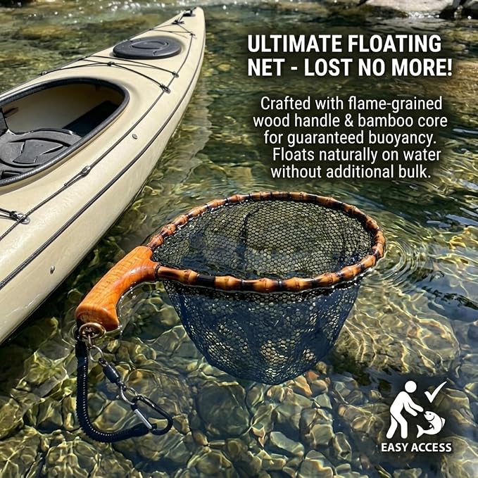 Floating Handcrafted Bamboo Fly Fishing Landing Net, Solid Wood Handle, Soft Rubber Coated Mesh for Trout, Kayak & Stream Fishing, Includes Magnetic Release & Safety Lanyard