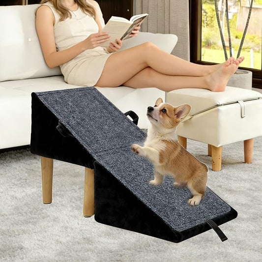 Split Ottoman Dog Ramp for Small Dogs and Cats – 2-in-1 Foldable Wooden Pet Ramp and Stairs for Couch and Low Bed, or Ottoman, Non-Slip and Portable, Black