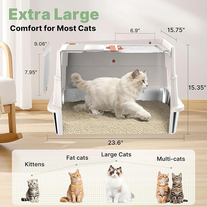 Stainless Steel Litter Box with Flip Lid, XL Extra Large Cat Litter Box with High Sided Top Entry Design, Anti-Leakage Enclosed Metal Litterbox for Big Cats, with Handle, Mat, Pedal & Scoop, Beige