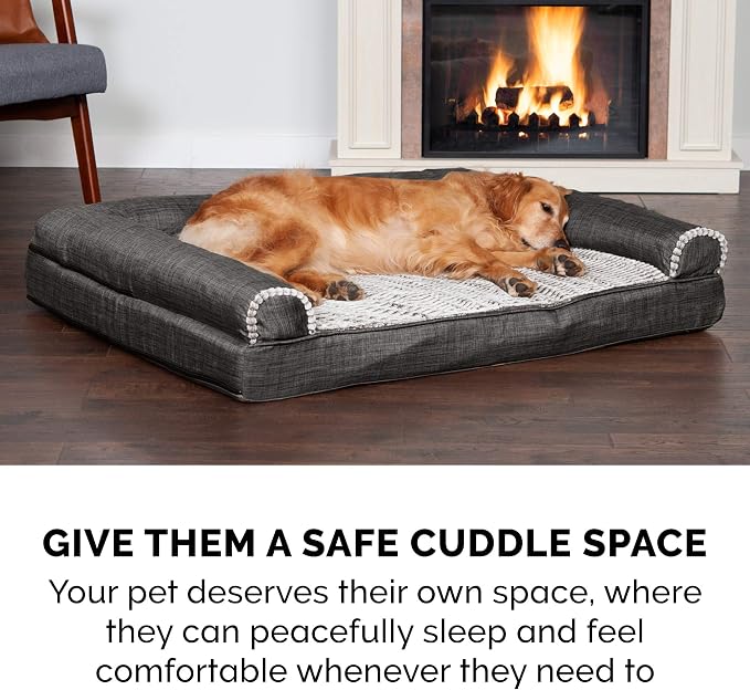 Furhaven Cooling Gel Dog Bed for Large Dogs w/ Removable Bolsters & Washable Cover, For Dogs Up to 95 lbs - Luxe Faux Fur & Performance Linen Sofa - Charcoal, Jumbo/XL