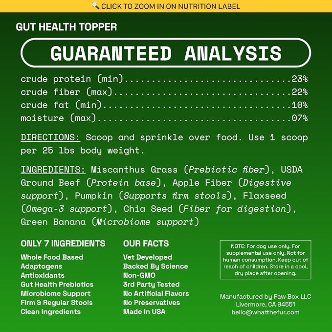 Gut Health Topper for Dogs – Digestive Support Powder with Real Beef, Pumpkin, Apple Fiber & Prebiotic Fiber | Helps Support Firm Stools, Sensitive Stomachs & Healthy Digestion | 100g
