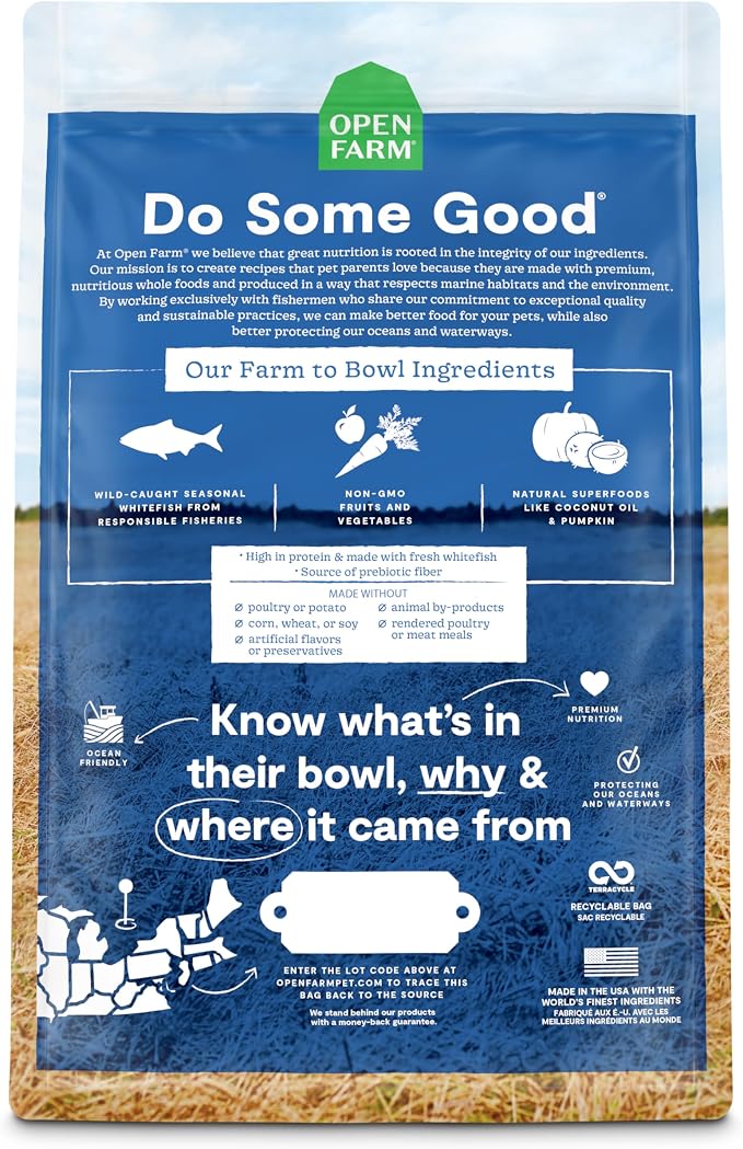 Open Farm, Grain-Free Dry Dog Food, Complete & Balanced Kibble, Sustainably & Ethically Sourced Ingredients, Non-GMO Veggies & Superfoods, Catch-of-The-Season Whitefish Recipe, 4lb Bag