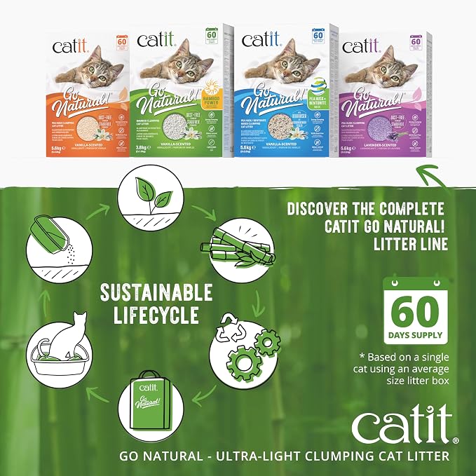 Catit Go Natural Ultra-Light Clumping Cat Litter, Bamboo Pellets, Dust-Free, Lightweight, Compostable, Vanilla Scent, Soft on Paws, Deodorizing, Eco-Friendly 3.15lb (4-Pack)