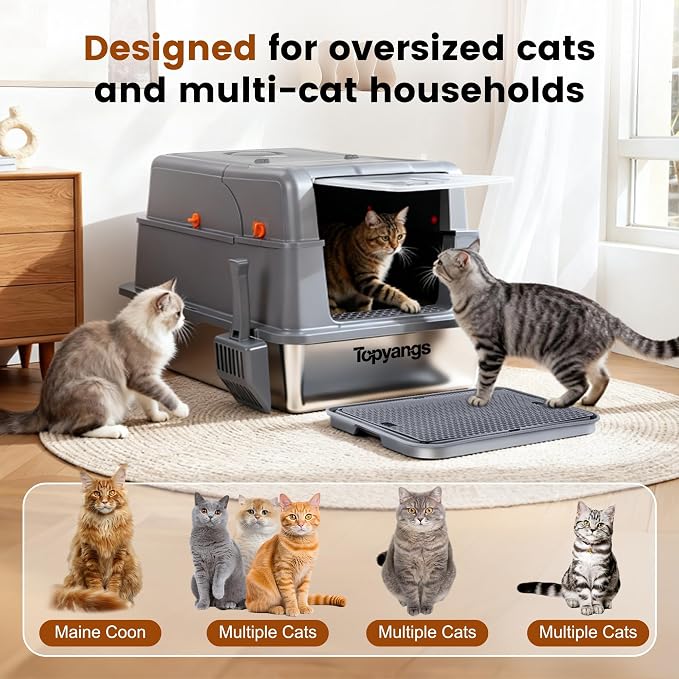 XXXXL Stainless Steel Litter Box, 28" L x 20" W x 17" H Extra Large Cat Litter Box for Maine Cat, Enclosed Metal Litter Boxes for Big Cat, Suitable Multi-Cats Families, High Sides