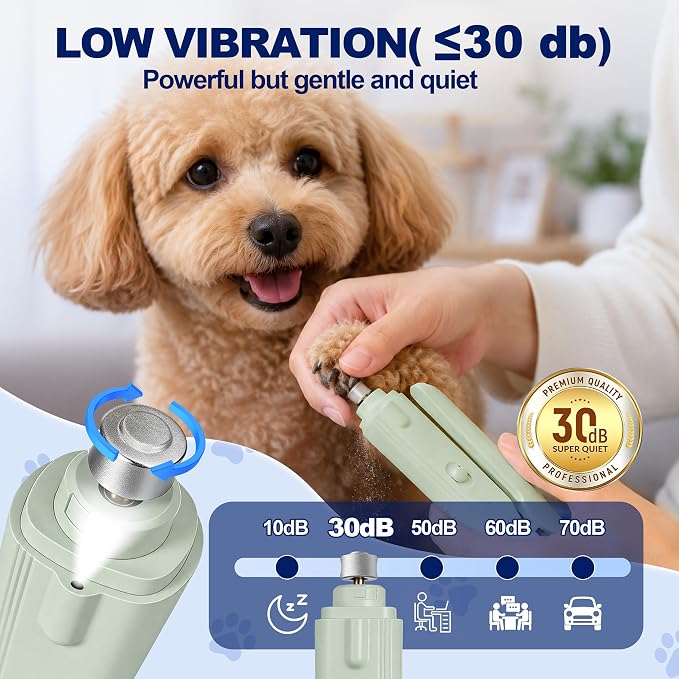 2-in-1 Dog Nail Clippers with Light - Electric Pet Nail Grinder Quiet for Small Large Dogs & Cats, LED Prevent Over Cutting, USB-C Rechargeable Safety Guard Grooming Kit for Black Nails, Green
