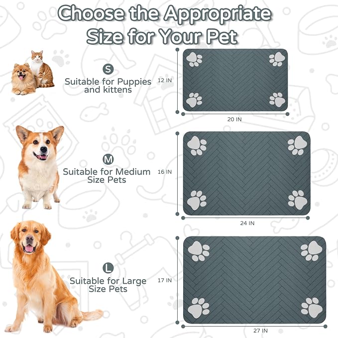 Pet Feeding Mat-Absorbent Dog Feeding Mat for Food and Water Bowl,No Stains Pet Placemat,Quick Drying Water Dispenser Mat for Dog and Cat,Easy to Clean Dog Accessories(L,Black Gray Paw)
