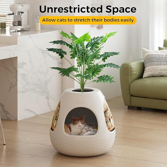 Eggloa6 Hidden Cat Litter Box Plant with 4 Litter Box Liners, Cat Litter Mat, 4 Odor Filter Artificial Plant Litter Box Enclosure Large DIY Litter Box Furniture for Cat Kitty Bunny (Snow White)