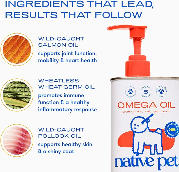 Native Pet Omega 3 Fish Oil for Dogs & Cats – Wild Alaskan Salmon Oil for Dogs Skin and Coat, Supports Joints, Heart & Shedding – Fast-Absorbing Omega 3 6 9 Liquid Supplement – 32oz