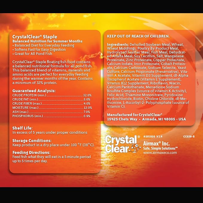 CrystalClear Staple Pond Fish Food for Healthy Koi & Goldfish, Protein Packed Floating Pellets for Summer Nutrition, Easy Digestion, 8.8 Pound Bucket