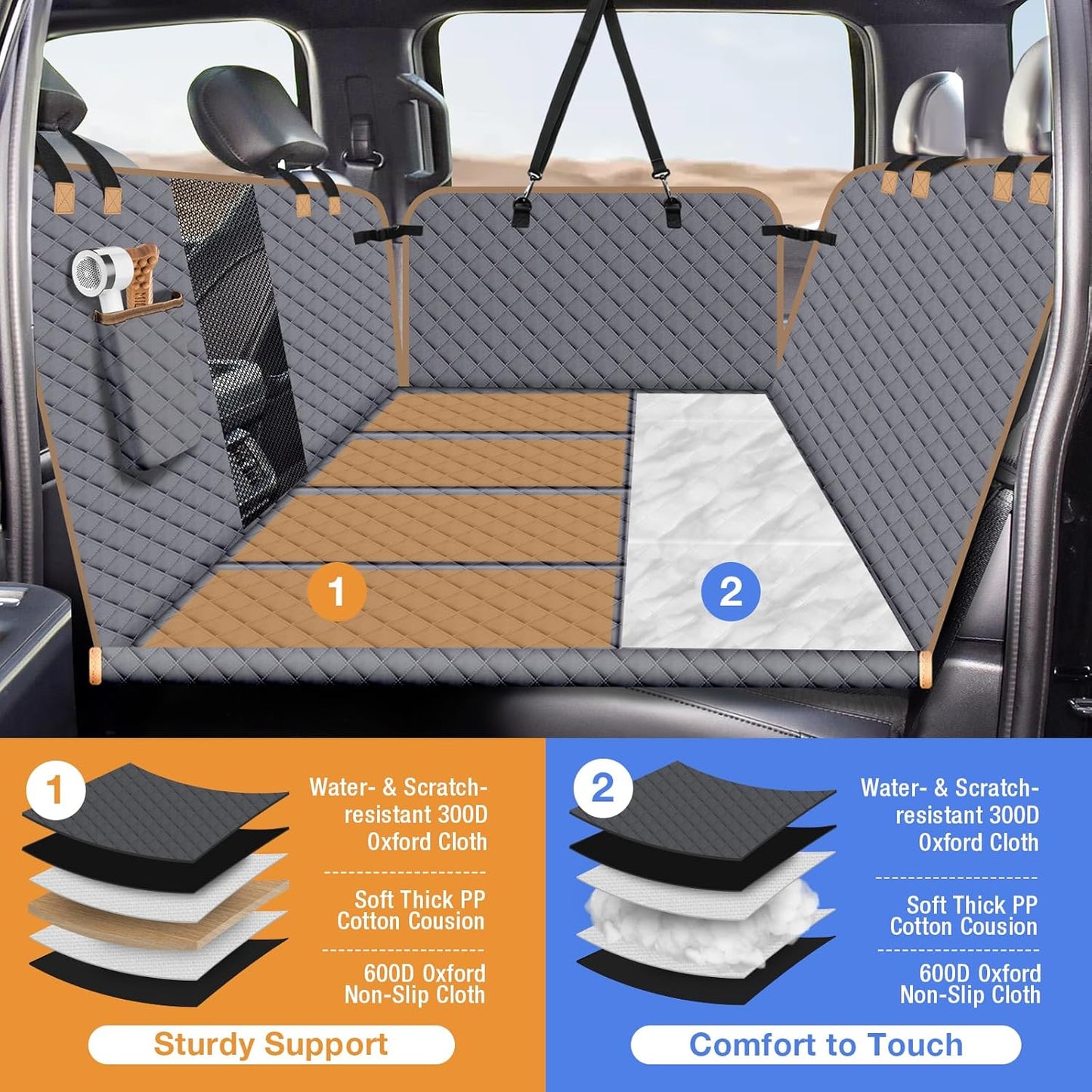 Dog Car Seat Cover for Back Seat, Dog Car Bed Cover with Strong Hard Bottom, Car Back Seat Extender Hammock for Car SUV Truck 4 Panels Gray Color Large Size