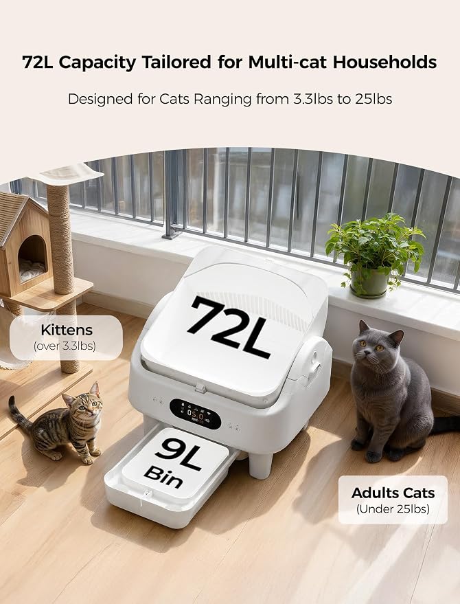 Automatic Litter Box, Cypcat Smart Self Cleaning Cat Litter Box Anti-Pinch, 10 Safety Sensors, Large Cat Litter Boxs for Multiple Cats, 5G & 2.4G WiFi, 6" LED Display, Odor Control Robot, White