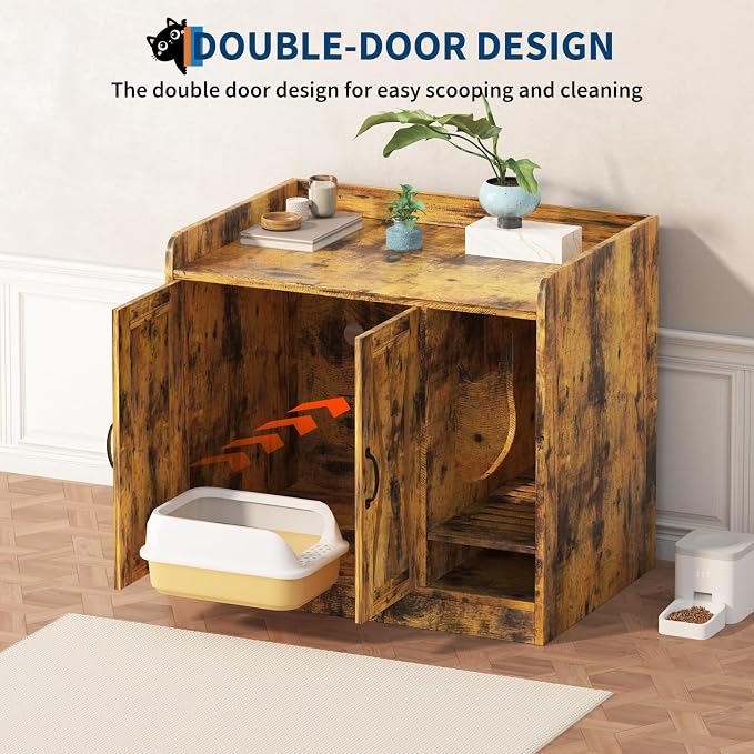 Cat Litter Box Enclosure,Hidden Litter Box Furniture with Divider,Indoor Cat House,Wooden Cat Washroom Storage Cabinet Bench, Side End Table Nightstand, 33.07" L × 23.62" W × 23.92" H,Rustic Brown