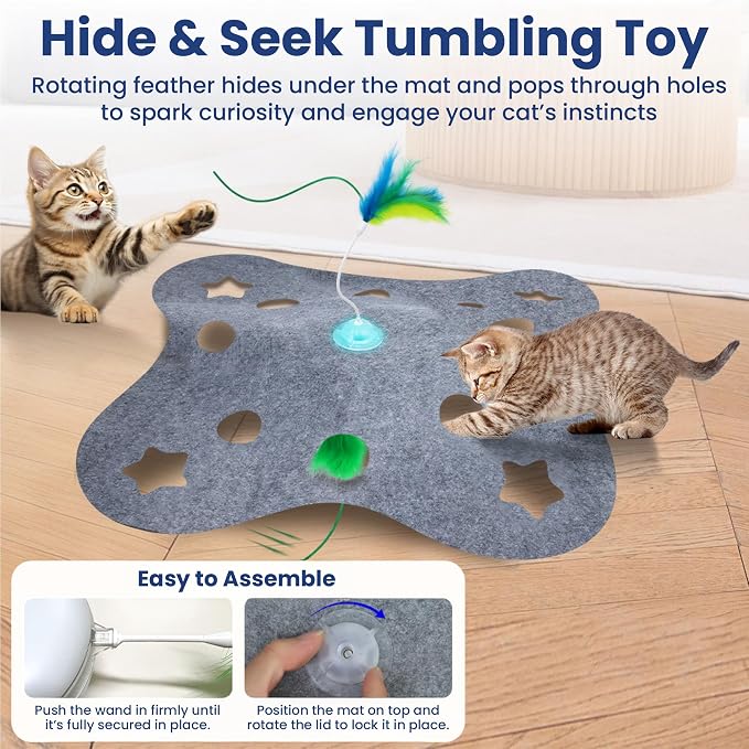 PAWSPIK 3-in-1 Hide & Seek Interactive Cat Toy - Rechargeable Automatic Feather Chasing & Tumbling Peek-A-Boo Exercise Toy for Bored Indoor Cats & Kittens