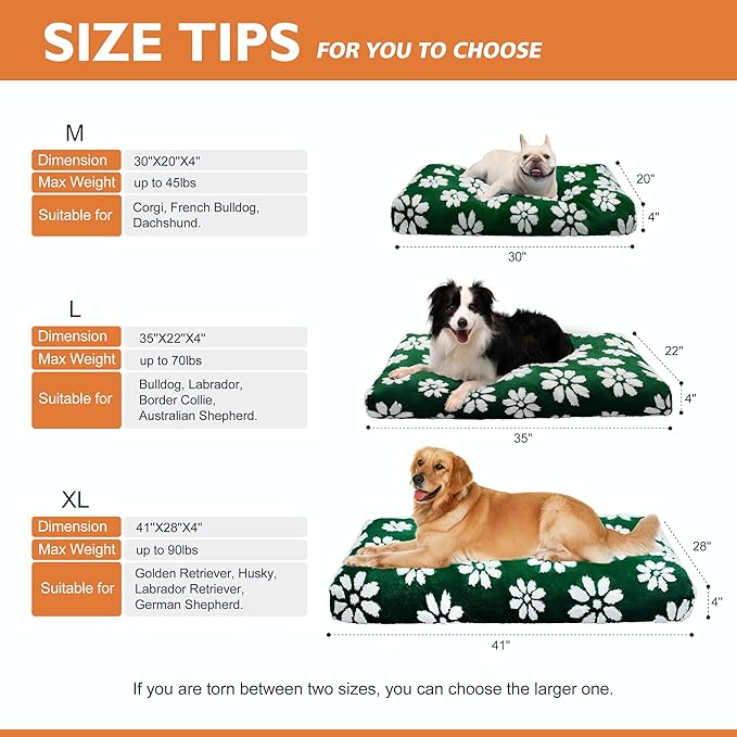 Dog Beds for Large Dogs, Cute Thick Dog Bed for Crate Kennel, Fluffy Pet Bed with Removable Washable Cover and Anti-Slip Bottom, 35"x 22", Green Flower