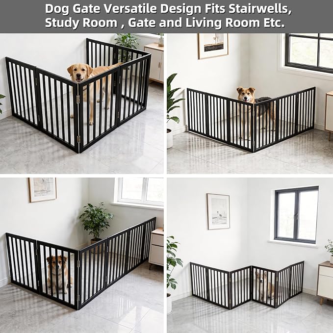 Dog Gate Indoor, Freestanding Dog Fence for The House, Doorways, Hallways,or Stairs,Pet Gate Foldable Wooden,Expandable 24" Height 6 Panels,Black
