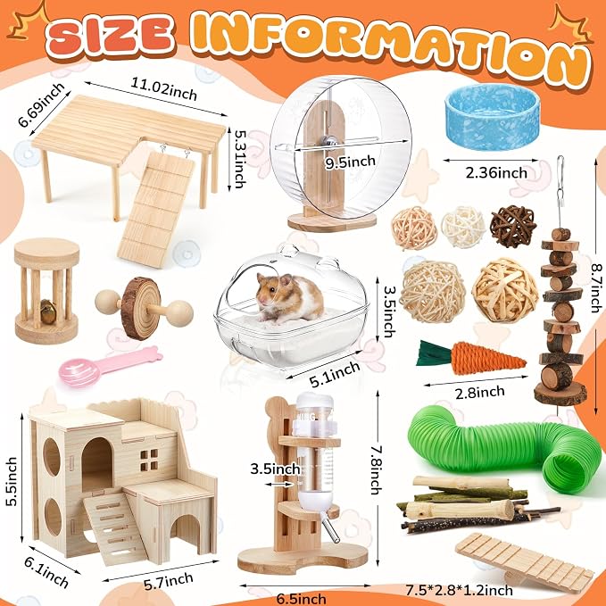40 Pcs Hamster Cage Accessories, 9.5'' Exercise Wheel, Wood Platform Hideout House, Water Bottle, Sand Bath, Bowl, Chew Toys for Syrian Hamsters Mice Gerbils Habitat Decor(Fun Style)