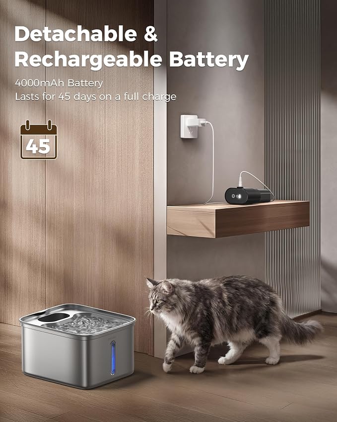 Zellar Wireless Cat Water Fountain, 99oz/2.8L Pump-Free Ultra-Quiet Pet Water Dispenser, 304 Stainless Steel with Multi-Layer Filtration, 3 Smart Modes & Motion Sensor, Fountain for Cats/Dogs